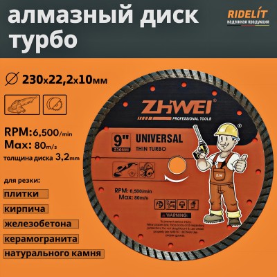 Алмазный диск турбо 230 мм УШМ/болгарка для резки бетона, плитки, кирпича, камня, плитки и керамогранита
