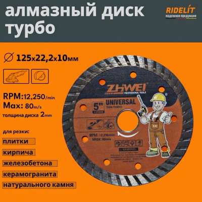 Алмазный диск турбо 125 мм УШМ/болгарка для резки бетона, плитки, кирпича, камня, плитки и керамогранита